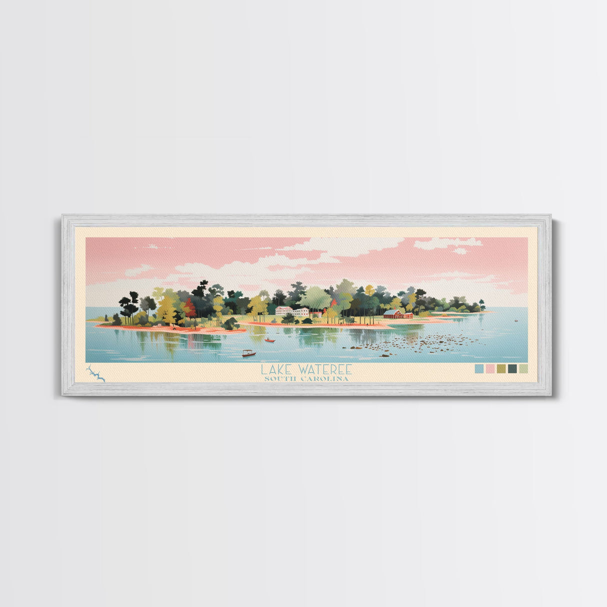 Lake Wateree, South Carolina Panoramic Wall Art Framed Canvas Print, Midcentury Modern, Pop Art, Home Decor, Travel Poster, Living Room Art