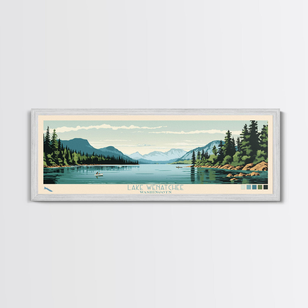 Lake Wenatchee, Washington Panoramic Wall Art Framed Canvas Print, Midcentury Modern, Pop Art, Home Decor, Travel Poster, Bedroom Art