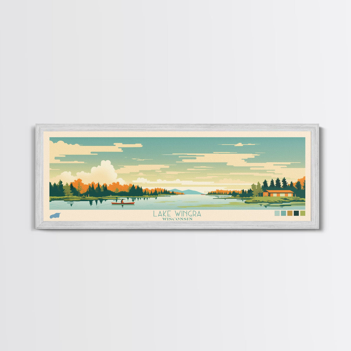 Lake Wingra, Wisconsin Panoramic Wall Art Framed Canvas Print, Midcentury Modern, Pop Art, Home Decor, Travel Poster, Bedroom Art