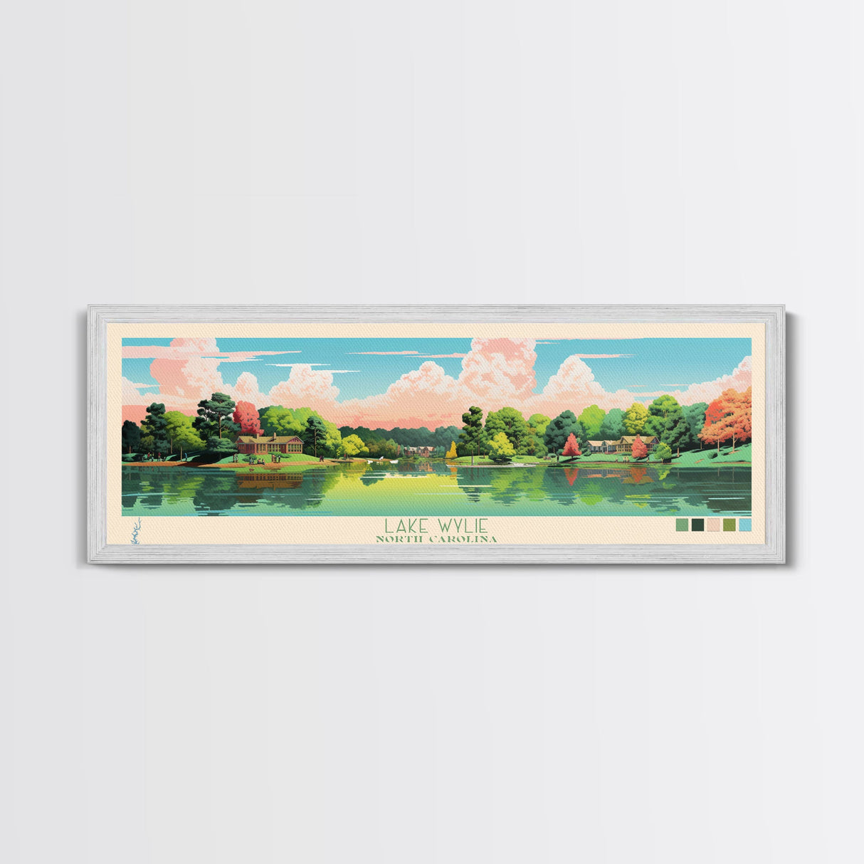 Lake Wylie, North Carolina Panoramic Wall Art Framed Canvas Print, Midcentury Modern, Pop Art, Home Decor, Travel Poster, Bedroom Art