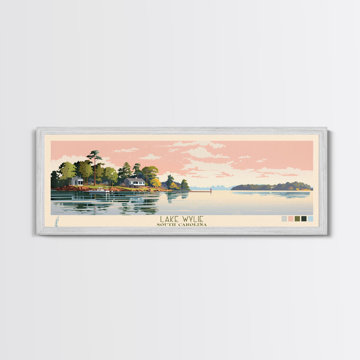 Lake Wylie, South Carolina Panoramic Wall Art Framed Canvas Print, Midcentury Modern, Pop Art, Home Decor, Travel Poster, Living Room Art