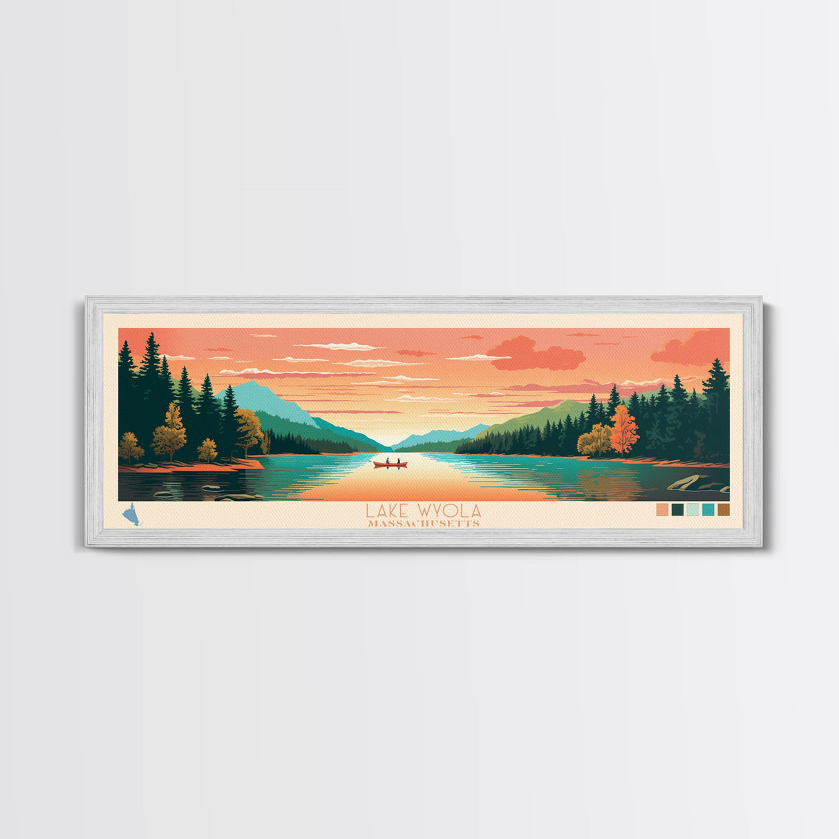 Lake Wyola, Massachusetts Panoramic Wall Art Framed Canvas Print, Midcentury Modern, Pop Art, Home Decor, Travel Poster, Bedroom Art