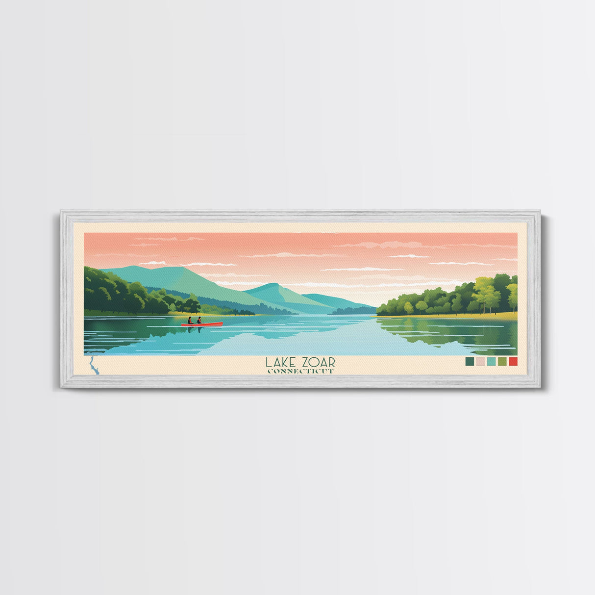 Lake Zoar, Connecticut Panoramic Wall Art Framed Canvas Print, Midcentury Modern, Pop Art, Home Decor, Travel Poster, Living Room Art