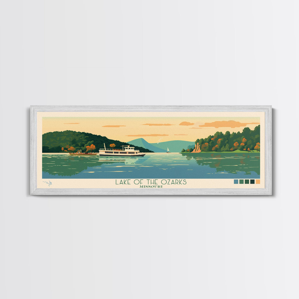 Lake of the Ozarks Missouri Framed Canvas Print, Panoramic Wall Art, Midcentury Modern, Pop Art, Living Room Decor, Travel Poster, Lake House Art