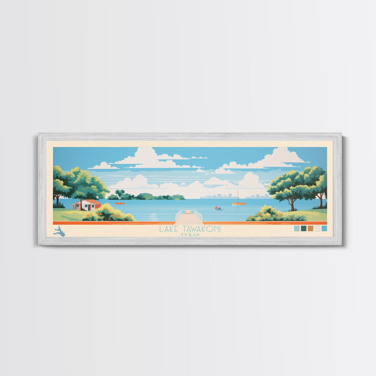 Lake Tawakoni, Texas Panoramic Wall Art Framed Canvas Print, Midcentury Modern, Pop Art, Home Decor, Travel Poster, Bedroom Art