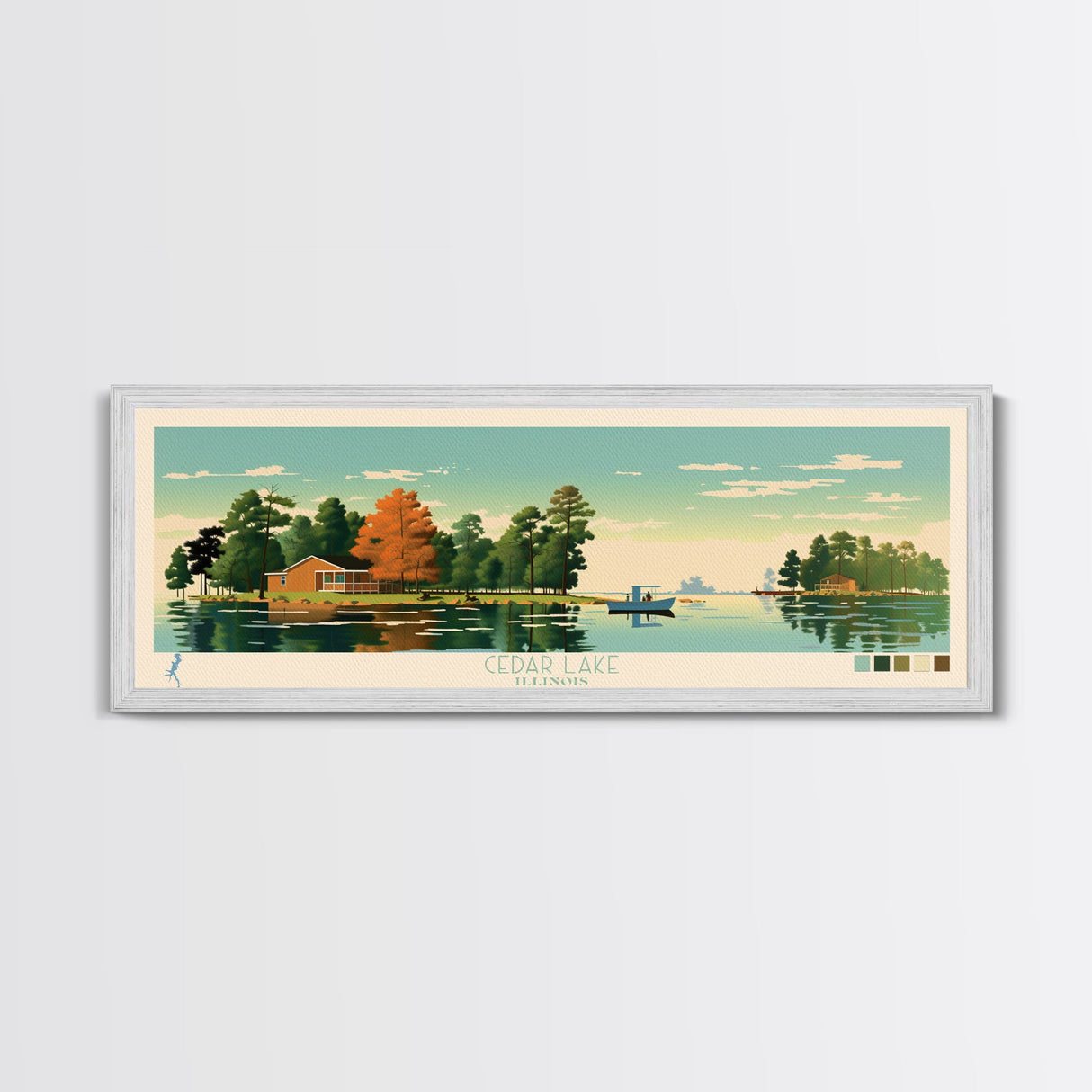 Lakes Cedar, Illinois Panoramic Wall Art Framed Canvas Print, Midcentury Modern, Pop Art, Home Decor, Travel Poster, Bedroom Art