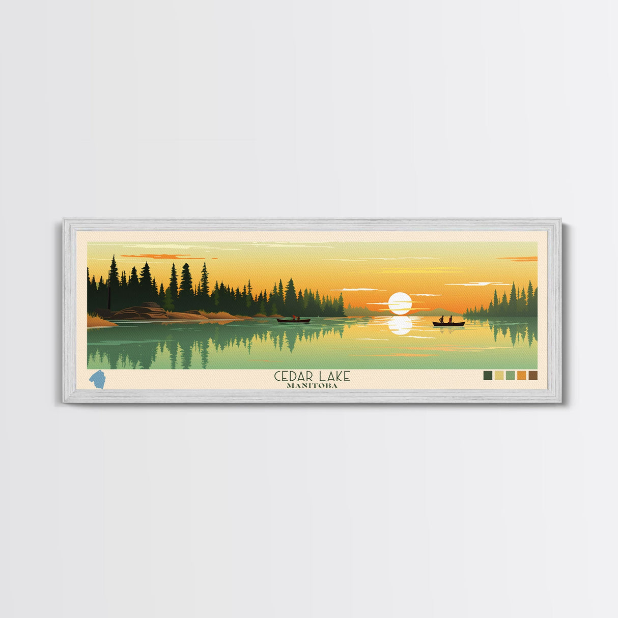 Lakes Cedar, Manitoba Panoramic Wall Art Framed Canvas Print, Midcentury Modern, Pop Art, Home Decor, Travel Poster, Living Room Art