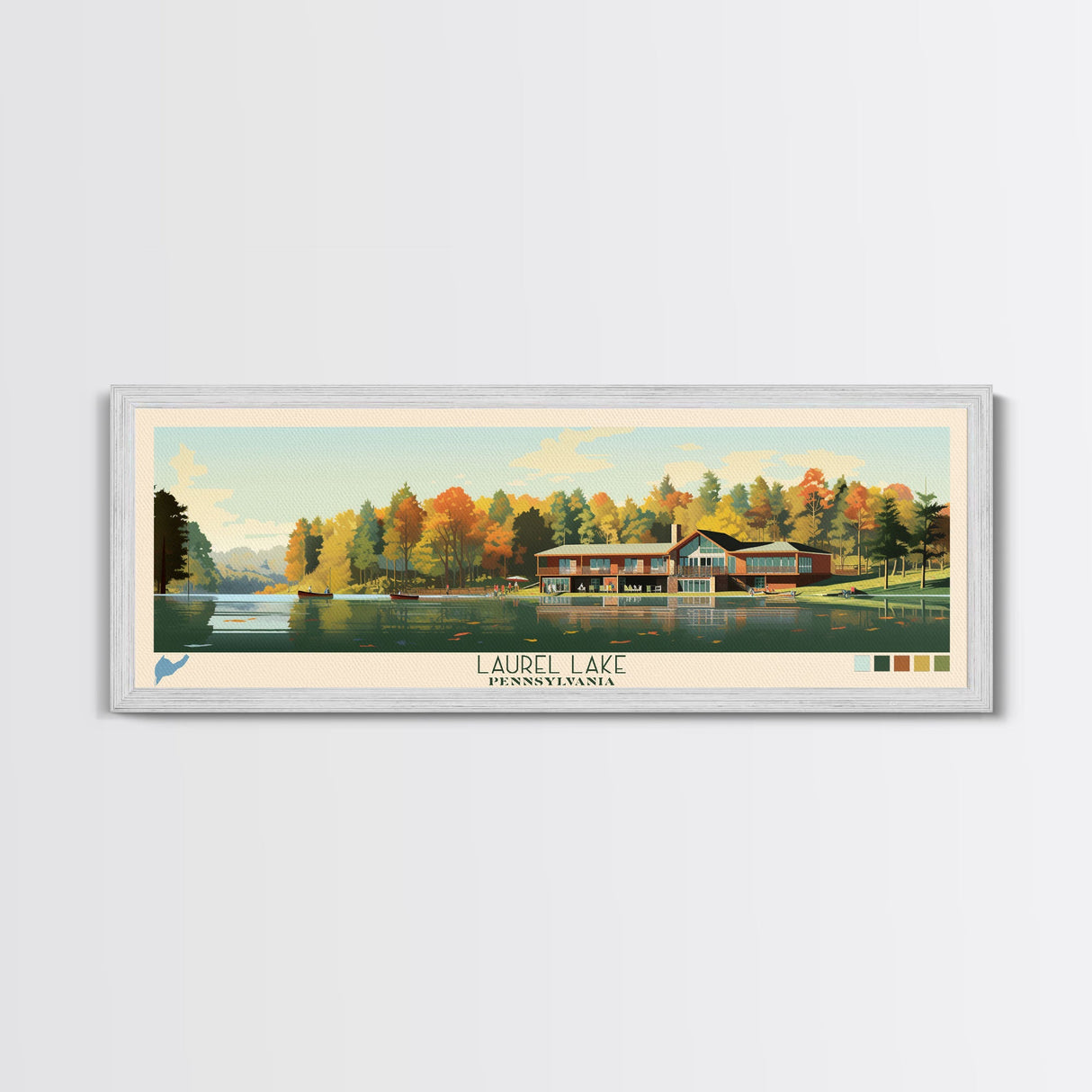 Laurel Lake, Pennsylvania Panoramic Wall Art Framed Canvas Print, Midcentury Modern, Pop Art, Home Decor, Travel Poster, Bedroom Art