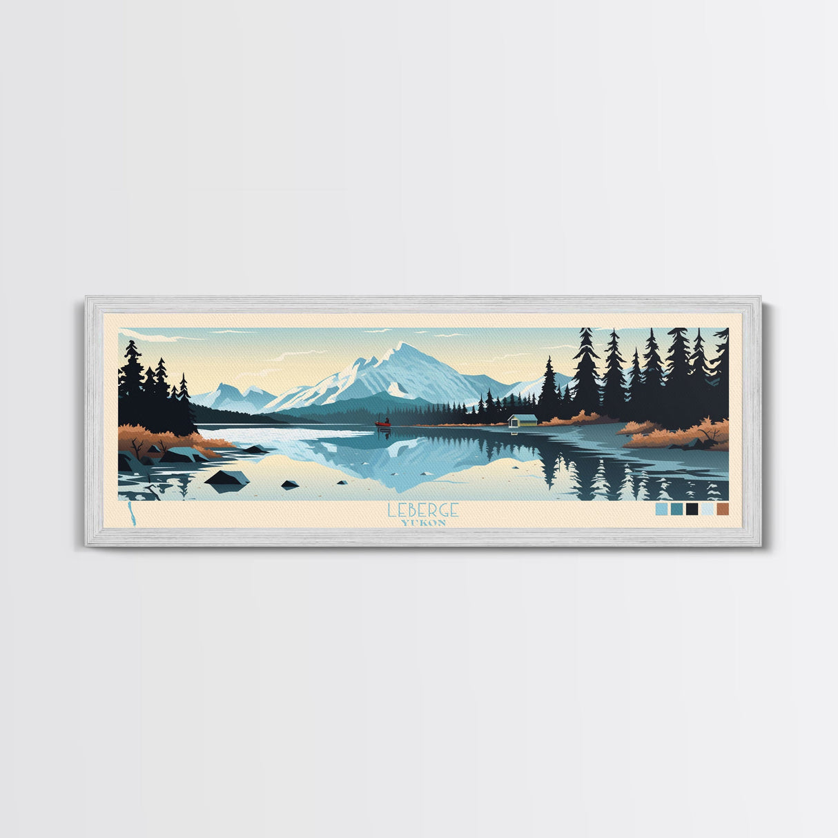 Leberge Lake, Yukon Panoramic Wall Art Framed Canvas Print, Midcentury Modern, Pop Art, Home Decor, Travel Poster, Bedroom Art