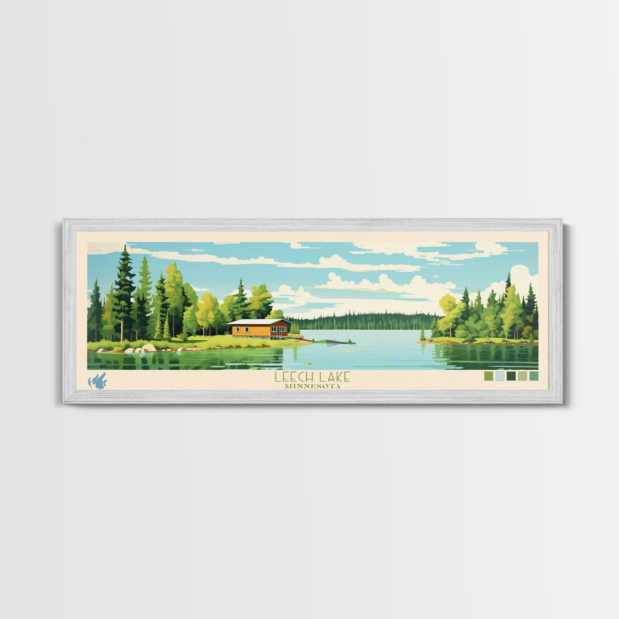 Leech Lake, Minnesota Panoramic Wall Art Framed Canvas Print, Midcentury Modern, Pop Art, Home Decor, Travel Poster, Living Room Art