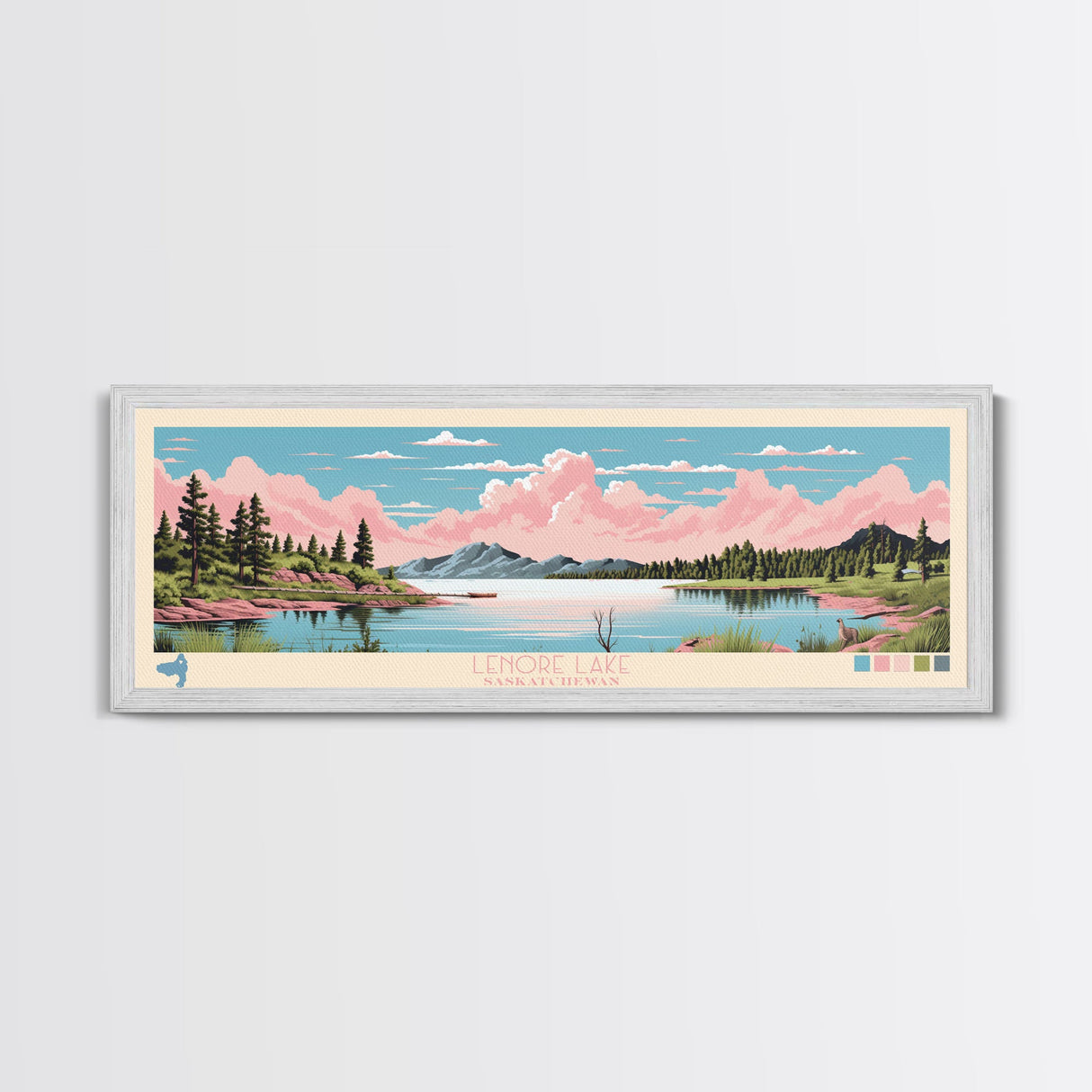 Leigh Lake, Wyoming Panoramic Wall Art Framed Canvas Print, Midcentury Modern, Pop Art, Home Decor, Travel Poster, Bedroom Art