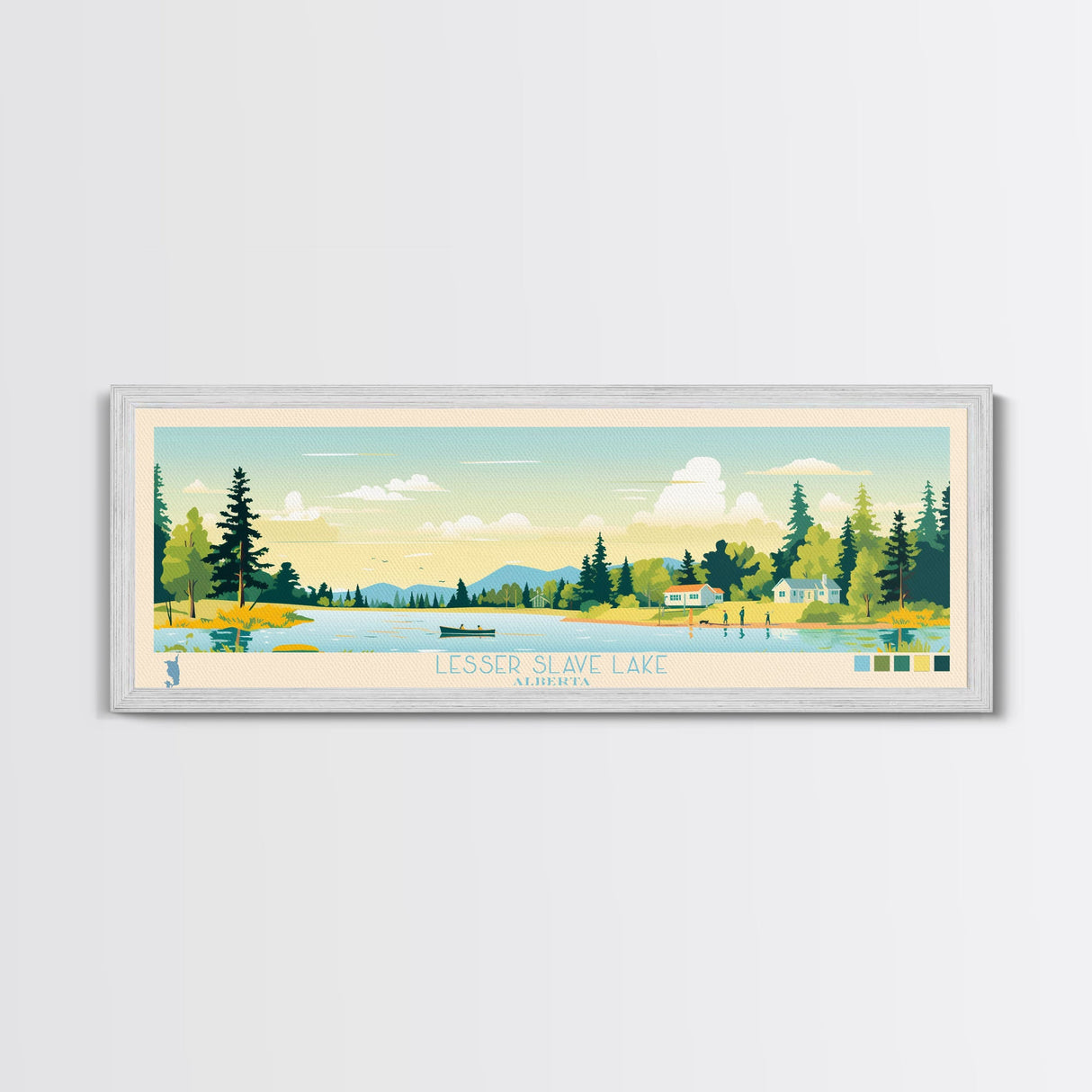 Lenore Lake, Saskatchewan Panoramic Wall Art Framed Canvas Print, Midcentury Modern, Pop Art, Home Decor, Travel Poster, Living Room Art