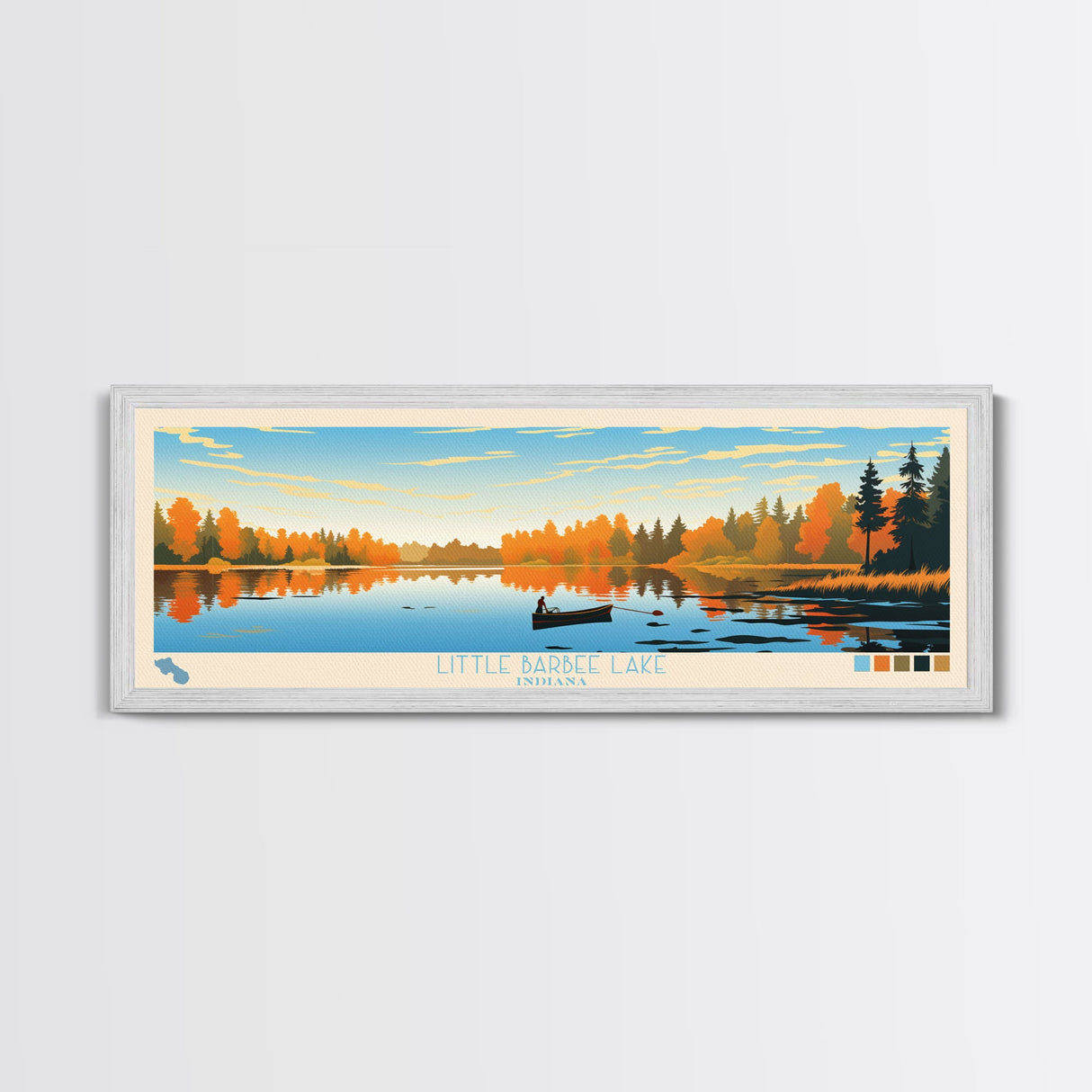 Little Barbee Lake, Indiana Panoramic Wall Art Framed Canvas Print, Midcentury Modern, Pop Art, Home Decor, Travel Poster, Living Room Art