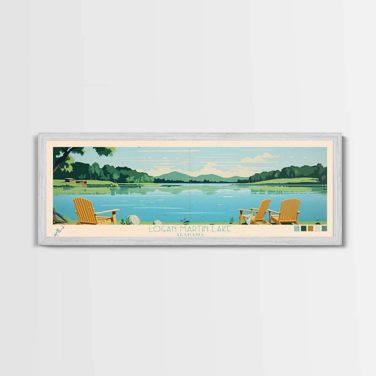 Logan Martin Lake, Alabama Panoramic Wall Art Framed Canvas Print, Midcentury Modern, Pop Art, Home Decor, Travel Poster, Bedroom Art