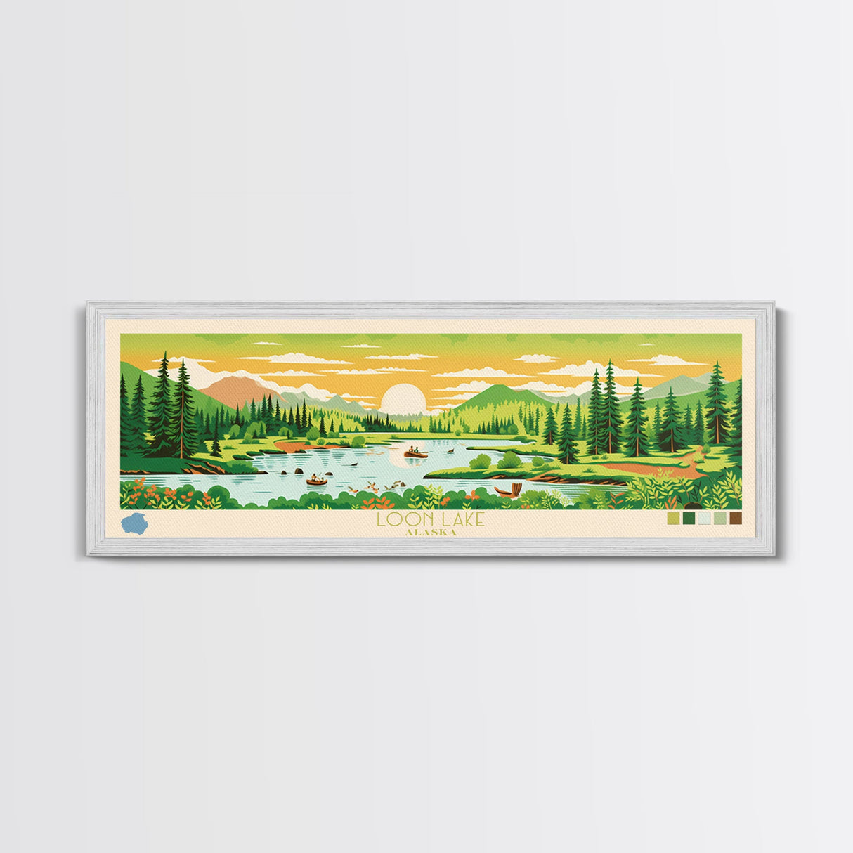 Loon Lake, Alaska Panoramic Wall Art Framed Canvas Print, Midcentury Modern, Pop Art, Home Decor, Travel Poster, Living Room Art