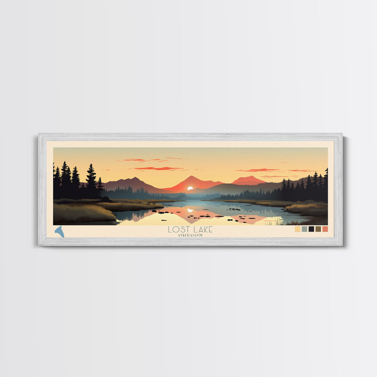 Lost Lake, Oregon Panoramic Wall Art Framed Canvas Print, Midcentury Modern, Pop Art, Home Decor, Travel Poster, Bedroom Art