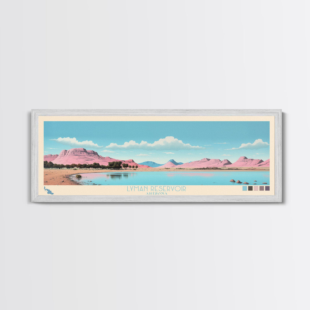 Lyman Reservoir, Arizona Panoramic Wall Art Framed Canvas Print, Midcentury Modern, Pop Art, Home Decor, Travel Poster, Bedroom Art