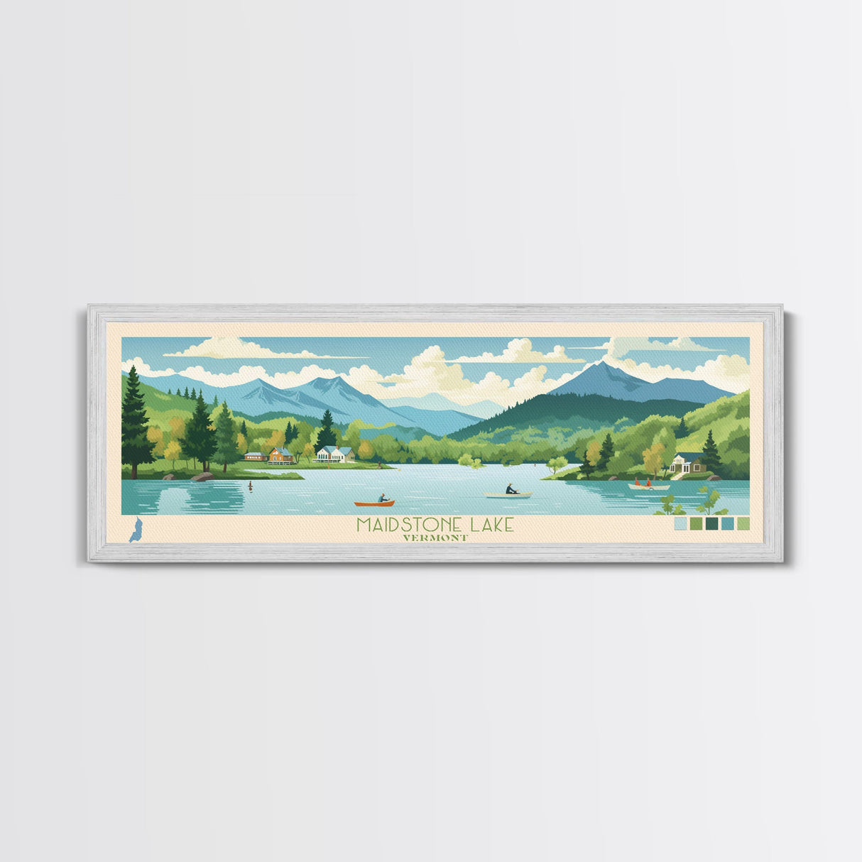 Maidstone Lake, Vermont Panoramic Wall Art Framed Canvas Print, Midcentury Modern, Pop Art, Home Decor, Travel Poster, Bedroom Art