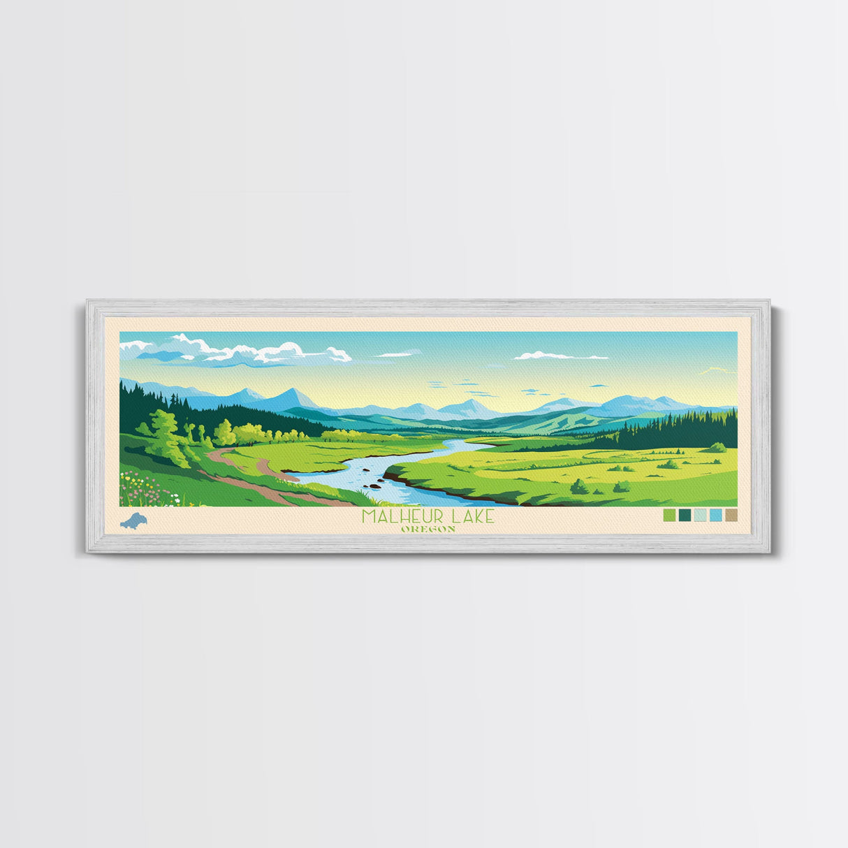 Malheur Lake, Oregon Panoramic Wall Art Framed Canvas Print, Midcentury Modern, Pop Art, Home Decor, Travel Poster, Living Room Art