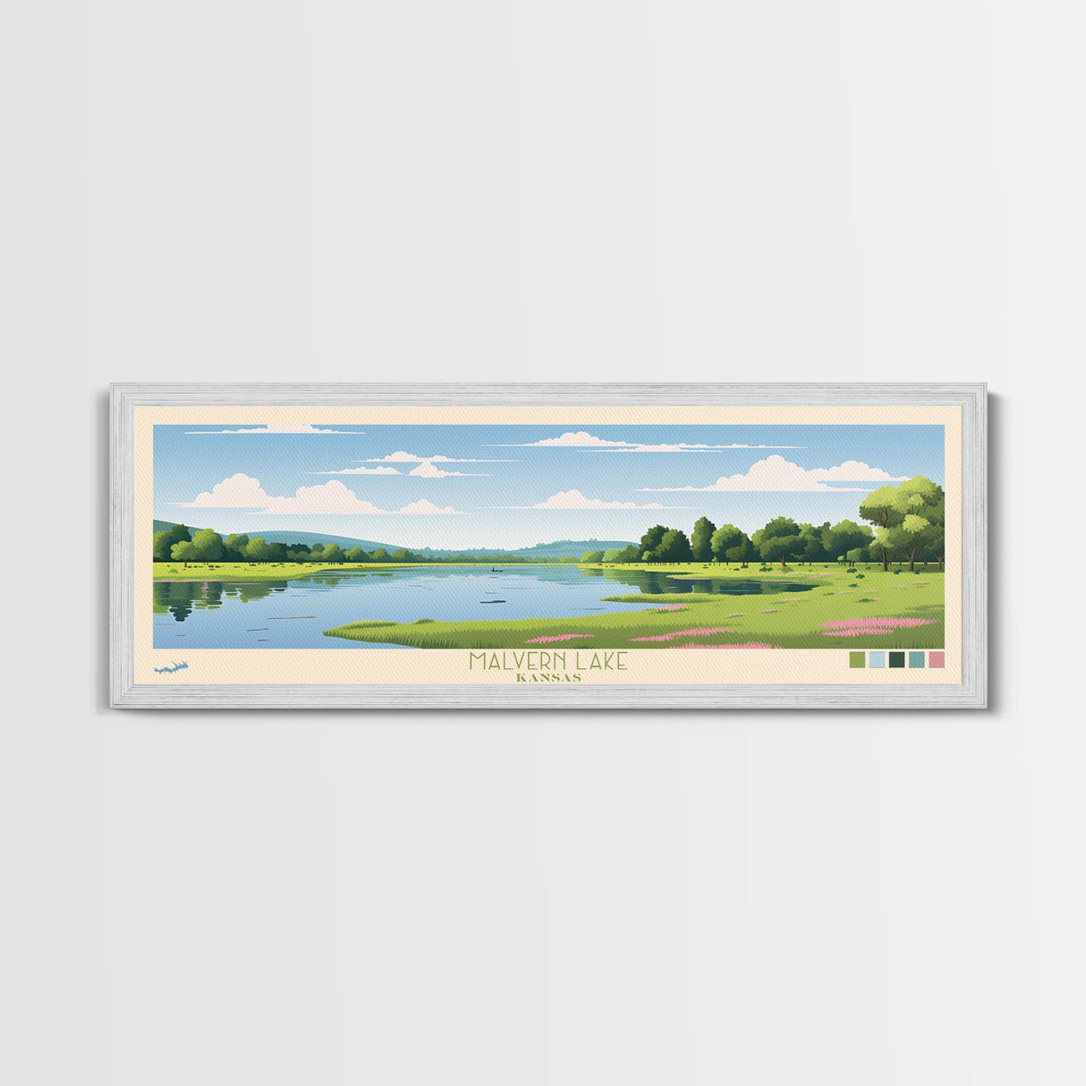 Malvern Lake, Kansas Panoramic Wall Art Framed Canvas Print, Midcentury Modern, Pop Art, Home Decor, Travel Poster, Living Room Art