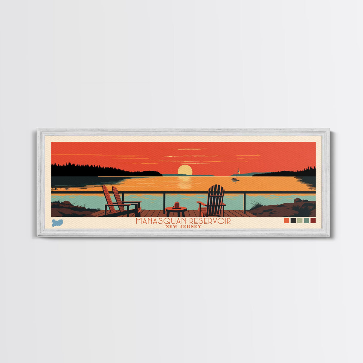 Manasquan Reservoir, New Jersey Panoramic Wall Art Framed Canvas Print, Midcentury Modern, Pop Art, Home Decor, Travel Poster, Living Room Art