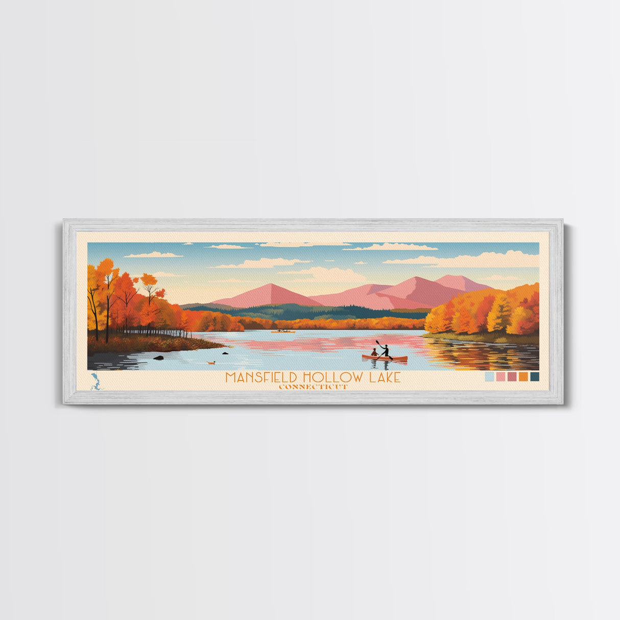 Mansfield Hollow Lake, Connecticut Panoramic Wall Art Framed Canvas Print, Midcentury Modern, Pop Art, Home Decor, Travel Poster, Living Room Art