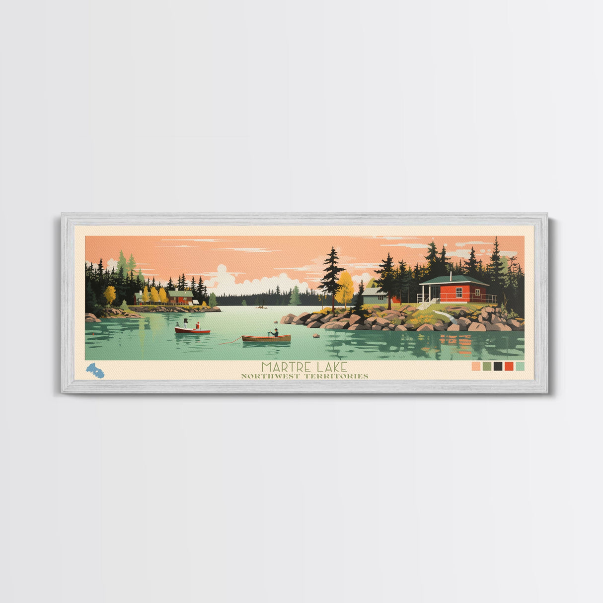 Martre Lake, Northwest Territories Panoramic Wall Art Framed Canvas Print, Midcentury Modern, Pop Art, Home Decor, Travel Poster, Living Room Art