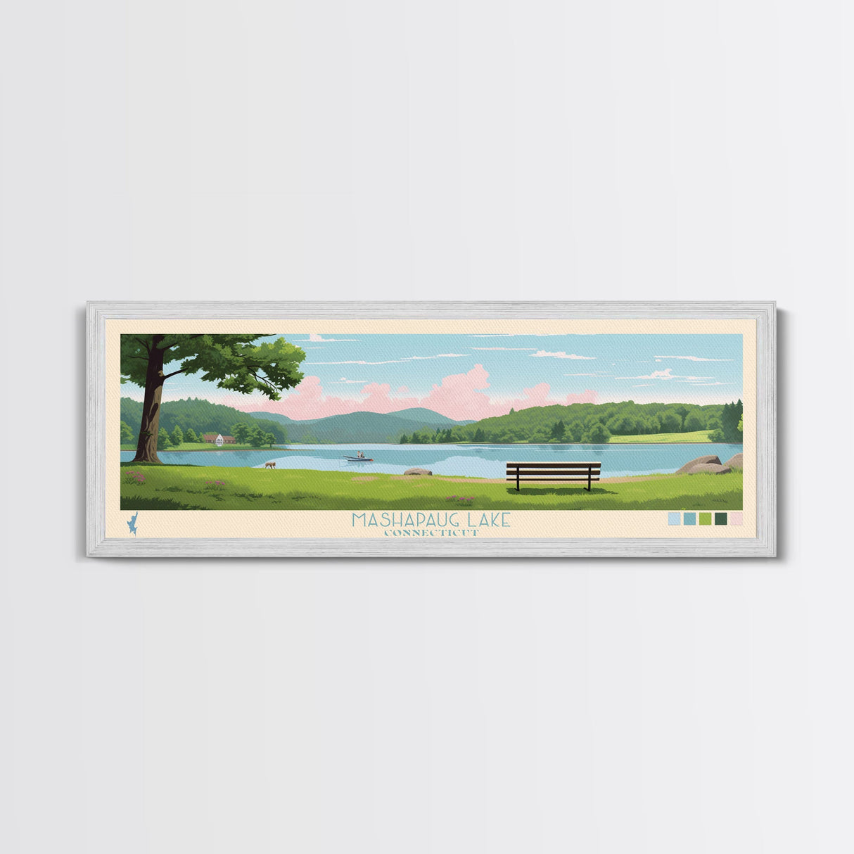 Mashapaug Lake, Connecticut Panoramic Wall Art Framed Canvas Print, Midcentury Modern, Pop Art, Home Decor, Travel Poster, Living Room Art