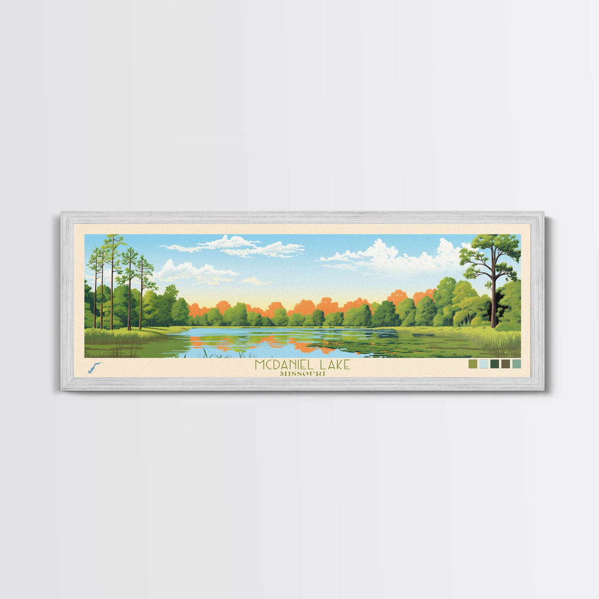 McDaniel Lake, Missouri Panoramic Wall Art Framed Canvas Print, Midcentury Modern, Pop Art, Home Decor, Travel Poster, Living Room Art