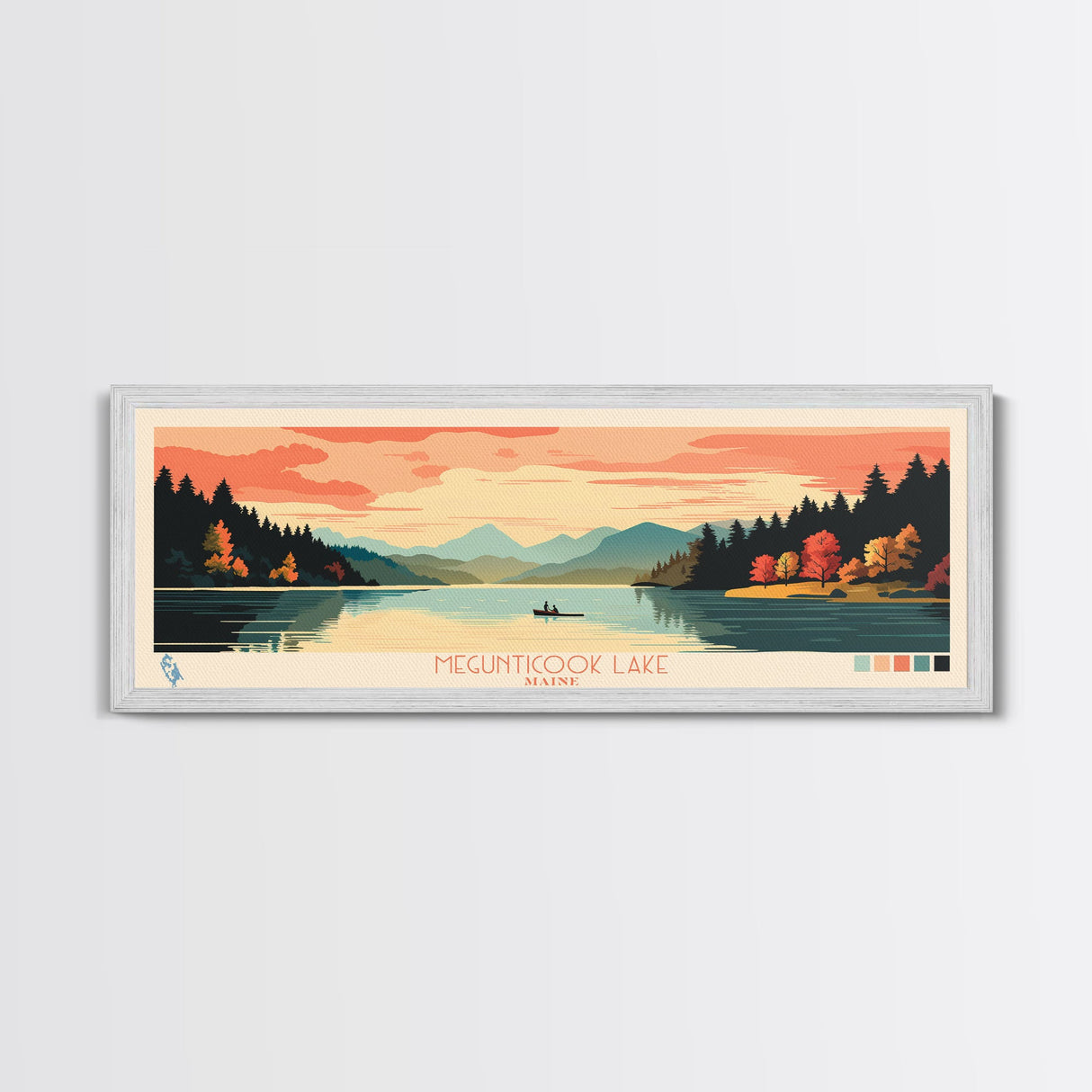 Megunticook Lake, Maine Panoramic Wall Art Framed Canvas Print, Midcentury Modern, Pop Art, Home Decor, Travel Poster, Living Room Art