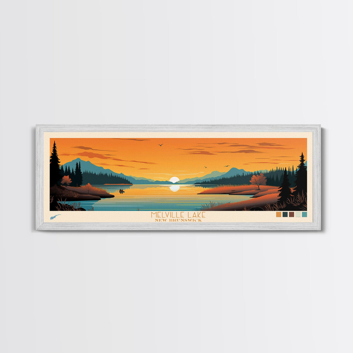 Melville Lake, New Brunswick Panoramic Wall Art Framed Canvas Print, Midcentury Modern, Pop Art, Home Decor, Travel Poster, Bedroom Art