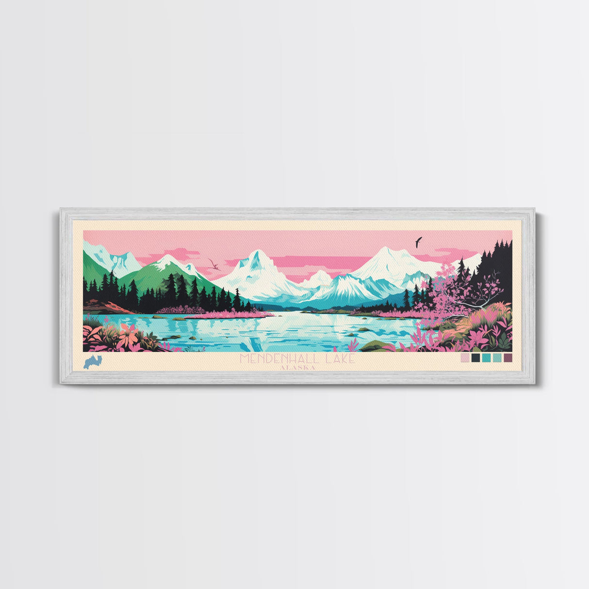 Mendenhall Lake, Alaska Panoramic Wall Art Framed Canvas Print, Midcentury Modern, Pop Art, Home Decor, Travel Poster, Living Room Art