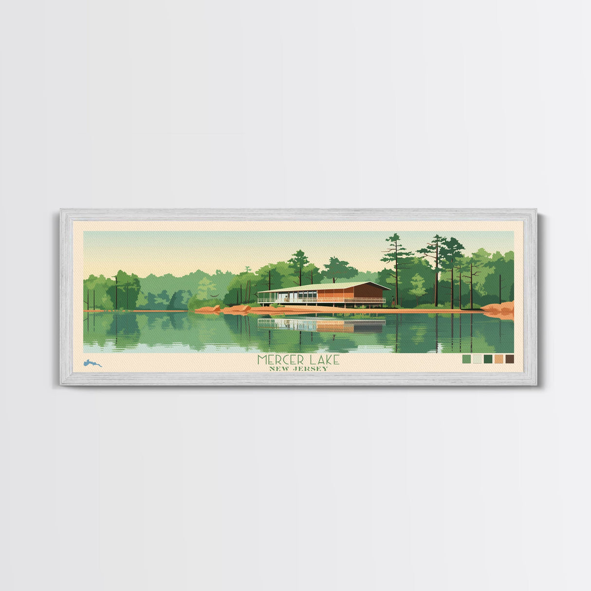 Mercer Lake, New Jersey Panoramic Wall Art Framed Canvas Print, Midcentury Modern, Pop Art, Home Decor, Travel Poster, Bedroom Art