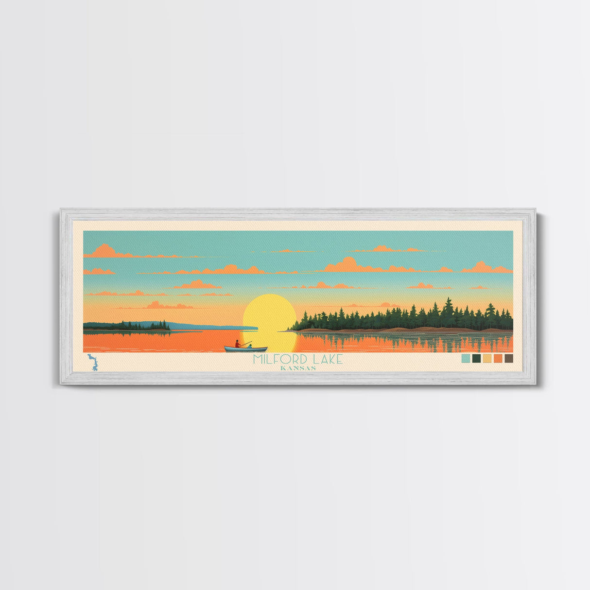 Milford Lake, Kansas Panoramic Wall Art Framed Canvas Print, Midcentury Modern, Pop Art, Home Decor, Travel Poster, Living Room Art