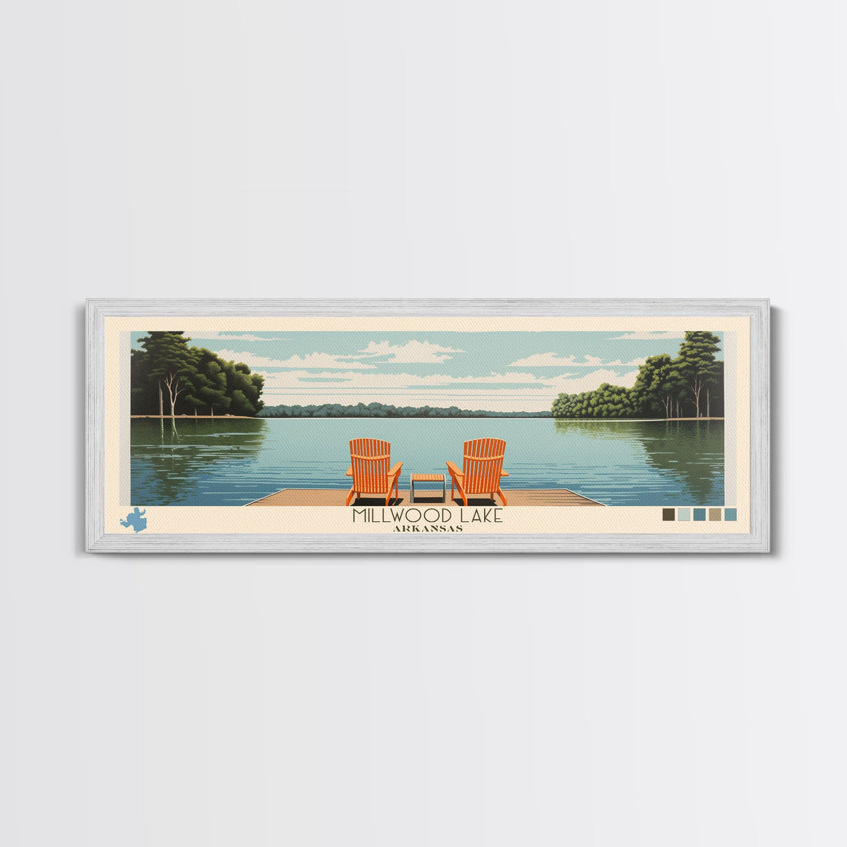 Millwood Lake, Arkansas Framed Canvas Print, Panoramic Wall Art, Midcentury Modern, Pop Art, Home Decor, Travel Poster, Bedroom Art