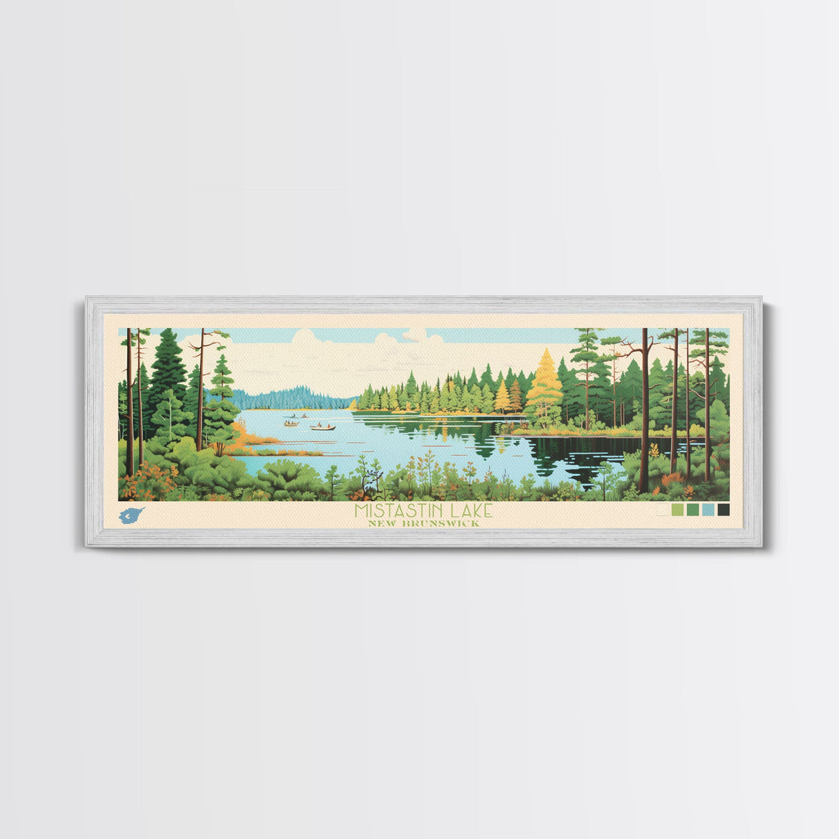 Mistastin Lake, New Brunswick Framed Canvas Print, Panoramic Wall Art, Midcentury Modern, Pop Art, Home Decor, Travel Poster, Living Room Art