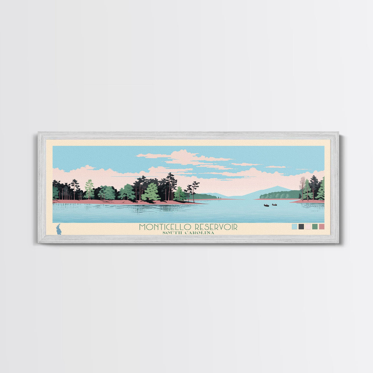 Monticello Reservoir, South Carolina Framed Canvas Print, Panoramic Wall Art, Midcentury Modern, Pop Art, Home Decor, Travel Poster, Bedroom Art