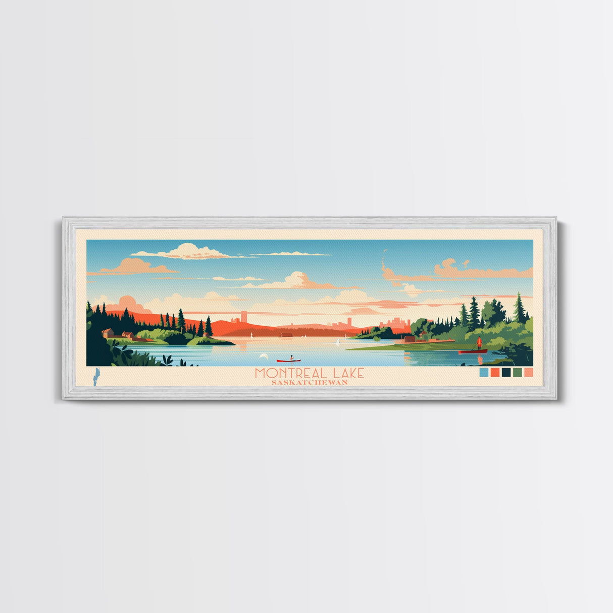 Montreal Lake, Saskatchewan Framed Canvas Print, Panoramic Wall Art, Midcentury Modern, Pop Art, Home Decor, Travel Poster, Living Room Art