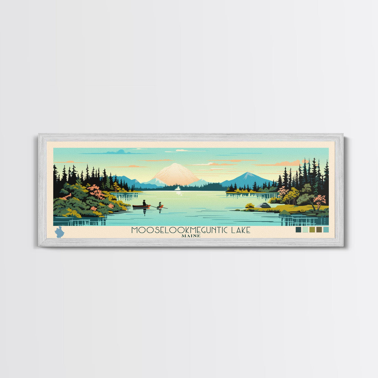 Mooselookmeguntic Lake, Maine Framed Canvas Print, Panoramic Wall Art, Midcentury Modern, Pop Art, Home Decor, Travel Poster, Living Room Art