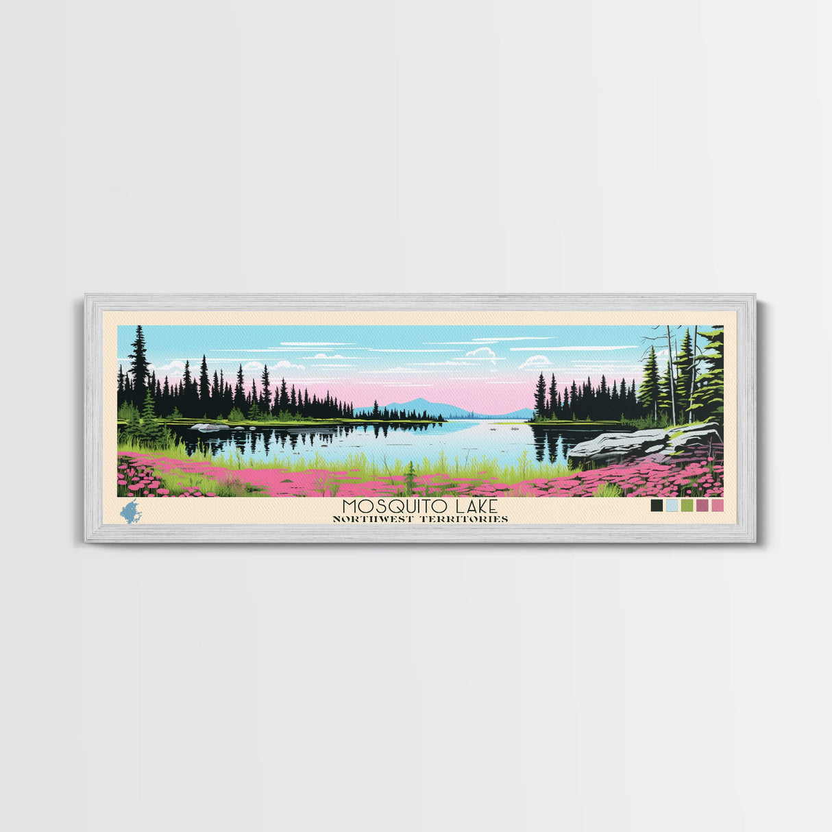 Mosquito Lake, Northwest Territories Framed Canvas Print, Panoramic Wall Art, Midcentury Modern, Pop Art, Home Decor, Travel Poster, Bedroom Art