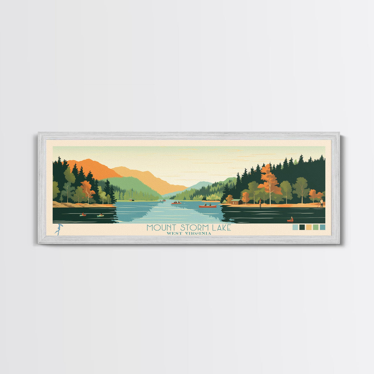 Mount Storm Lake, West Virginia Framed Canvas Print, Panoramic Wall Art, Midcentury Modern, Pop Art, Home Decor, Travel Poster, Living Room Art