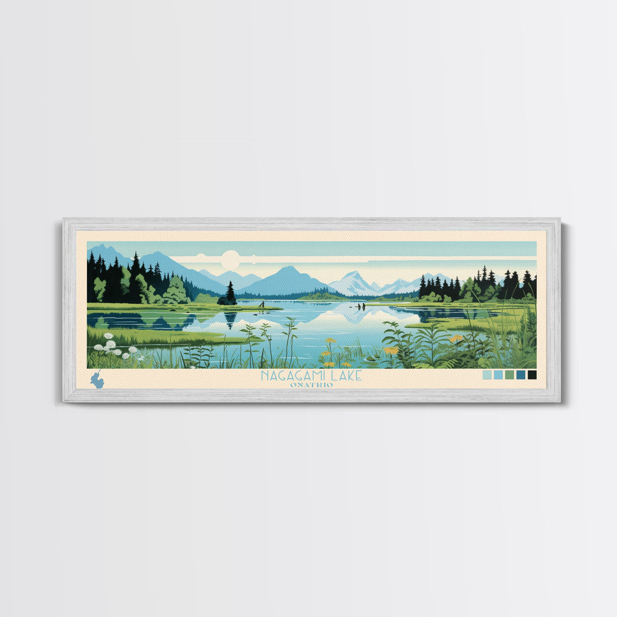 Nagagami Lake, Ontario Framed Canvas Print, Panoramic Wall Art, Midcentury Modern, Pop Art, Home Decor, Travel Poster, Living Room Art