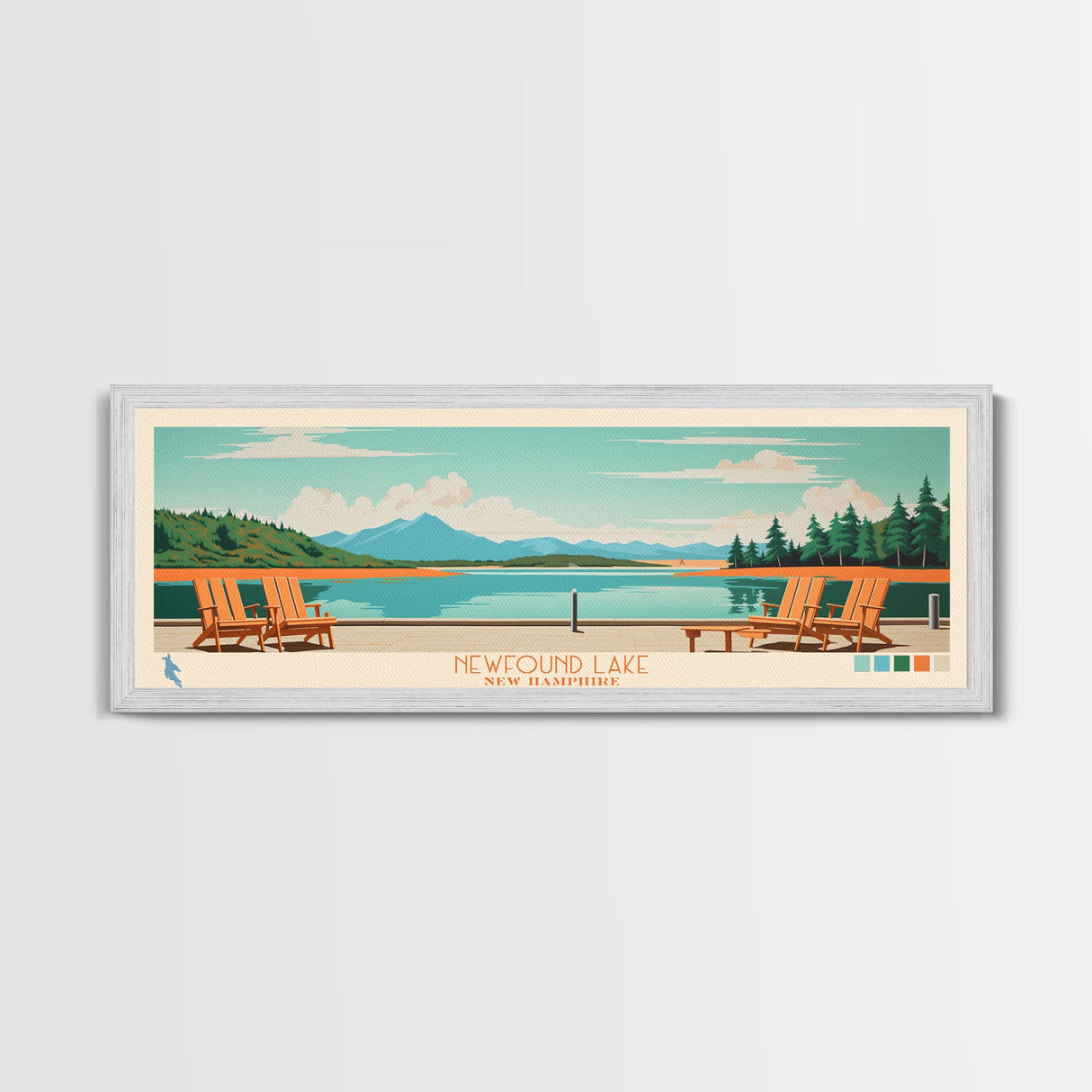 Newfound Lake, New Hampshire Framed Canvas Print, Panoramic Wall Art, Midcentury Modern, Pop Art, Home Decor, Travel Poster, Living Room Art