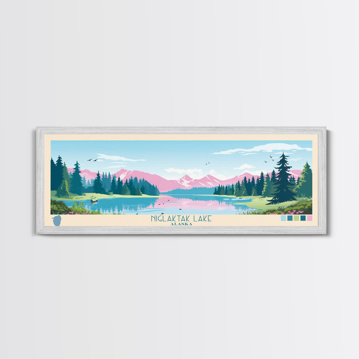 Niglaktak Lake, Alaska Framed Canvas Print, Panoramic Wall Art, Midcentury Modern, Pop Art, Home Decor, Travel Poster, Bedroom Art