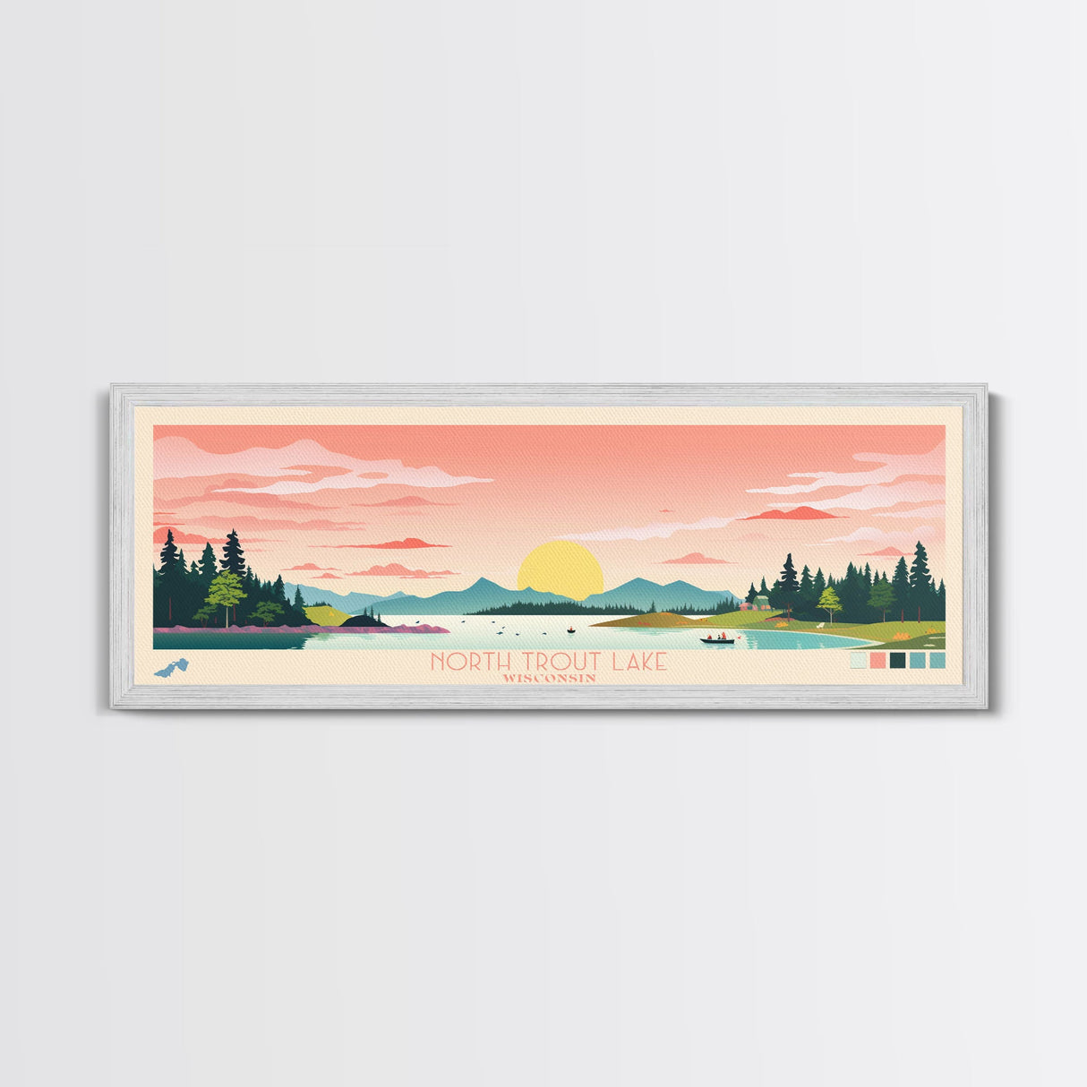 North South Lake, New York Framed Canvas Print, Panoramic Wall Art, Midcentury Modern, Pop Art, Home Decor, Travel Poster, Bedroom Art