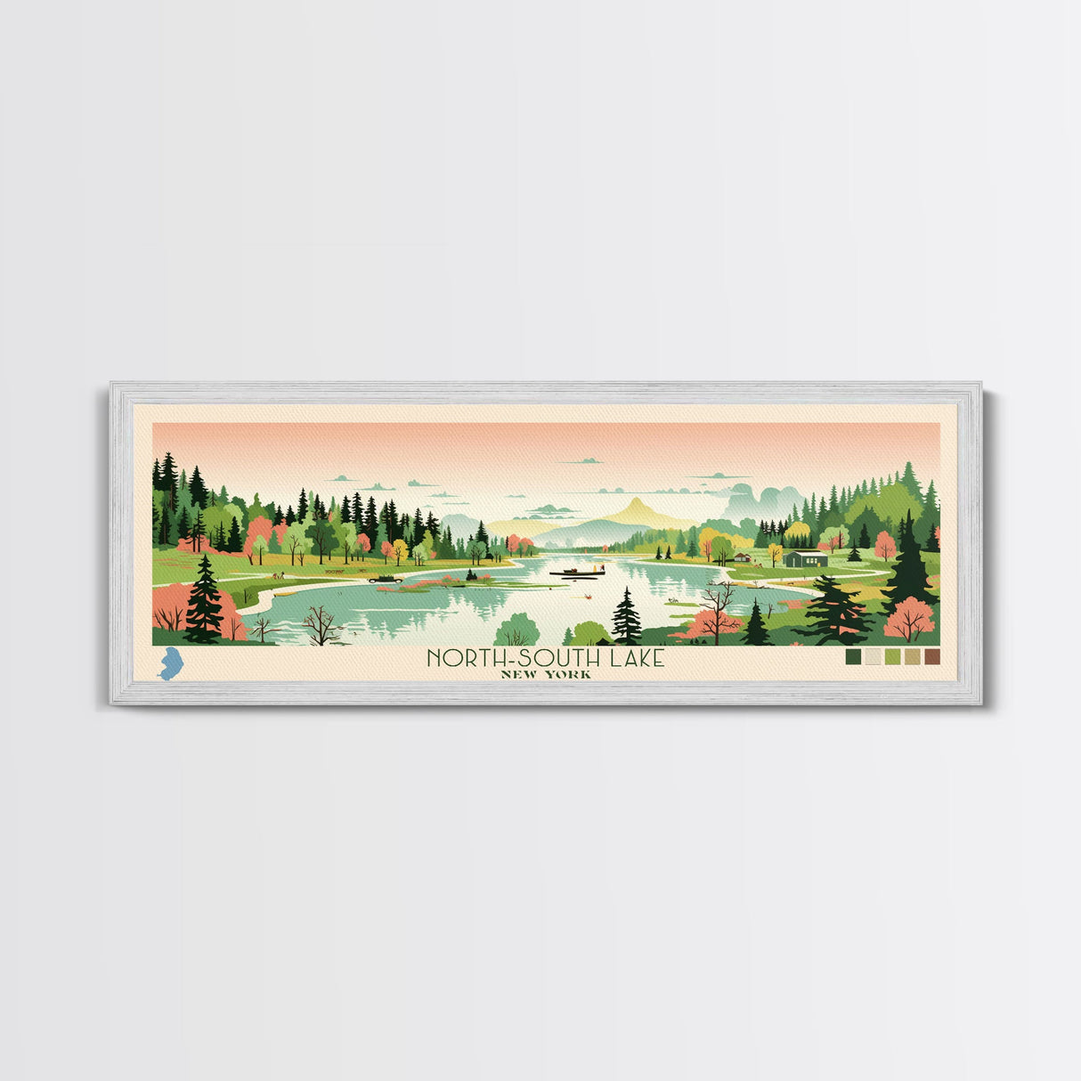 North Trout Lake, Wisconsin Framed Canvas Print, Panoramic Wall Art, Midcentury Modern, Pop Art, Home Decor, Travel Poster, Living Room Art