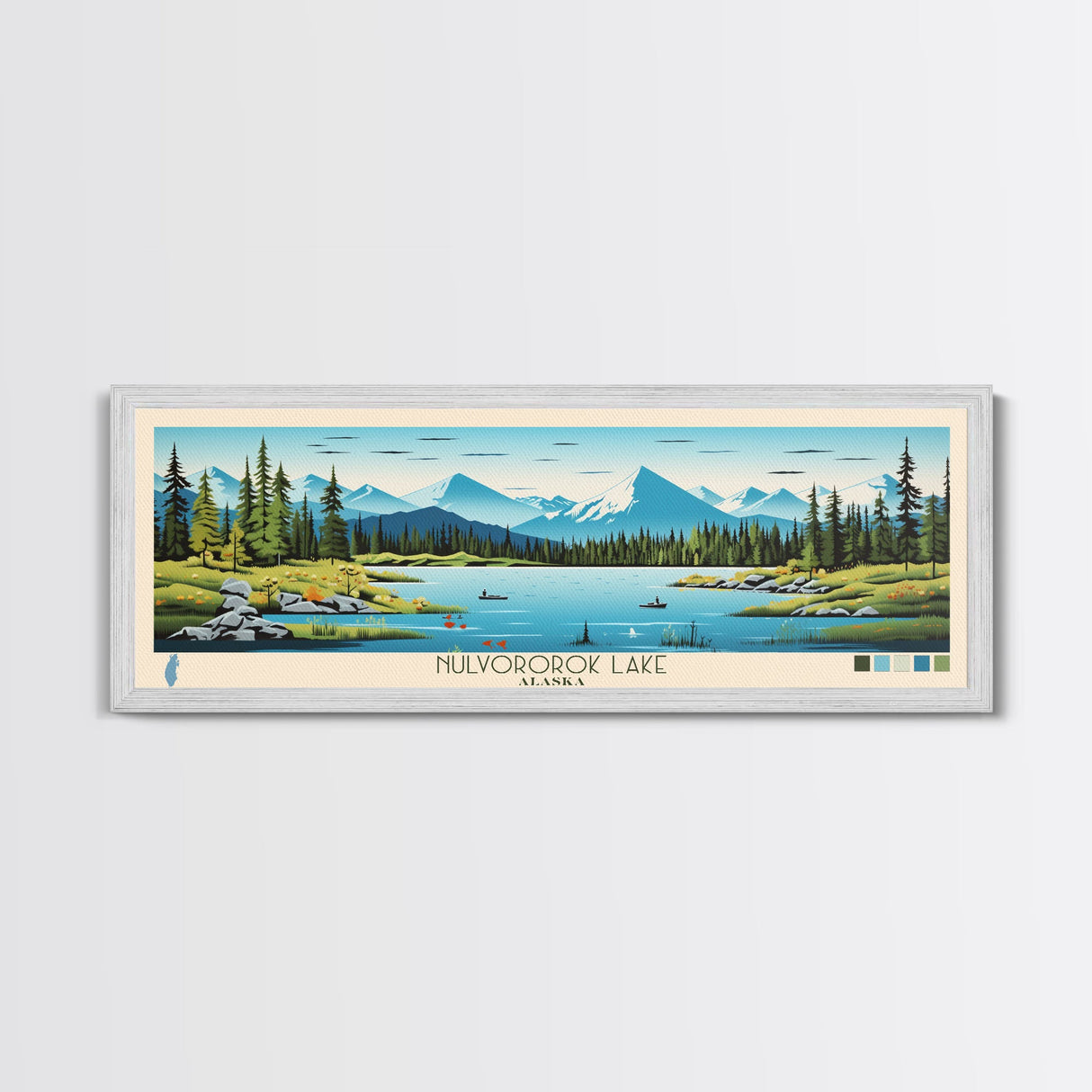 Nulvororok Lake, Alaska Framed Canvas Print, Panoramic Wall Art, Midcentury Modern, Pop Art, Home Decor, Travel Poster, Living Room Art