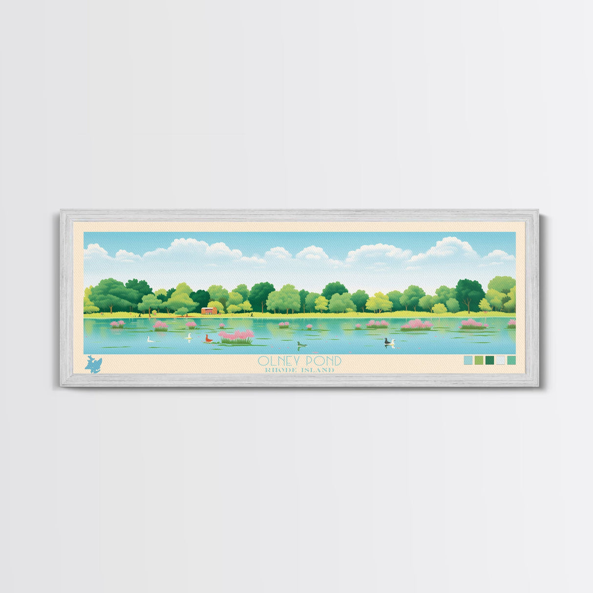 Olney Pond, Rhode Island Framed Canvas Print, Panoramic Wall Art, Midcentury Modern, Pop Art, Home Decor, Travel Poster, Living Room Art