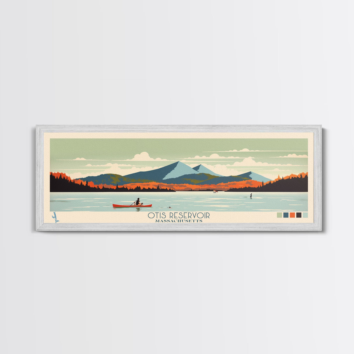 Otis Reservoir, Massachusetts Framed Canvas Print, Panoramic Wall Art, Midcentury Modern, Pop Art, Home Decor, Travel Poster, Living Room Art