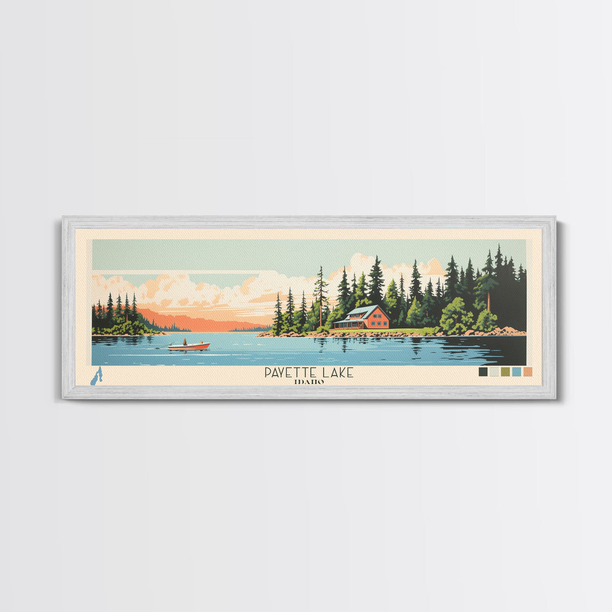 Payette Lake, Idaho Framed Canvas Print, Panoramic Wall Art, Midcentury Modern, Pop Art, Home Decor, Travel Poster, Living Room Art